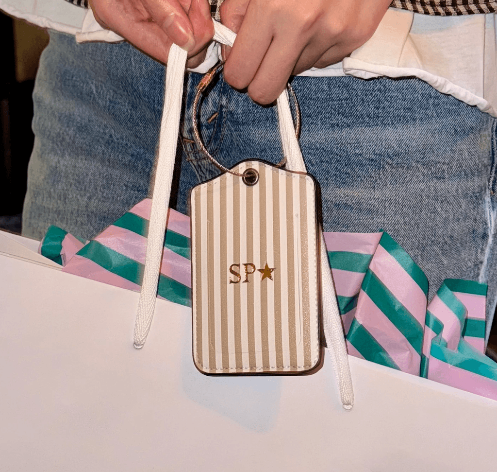 Leather tag personalized with hot foil monogramming